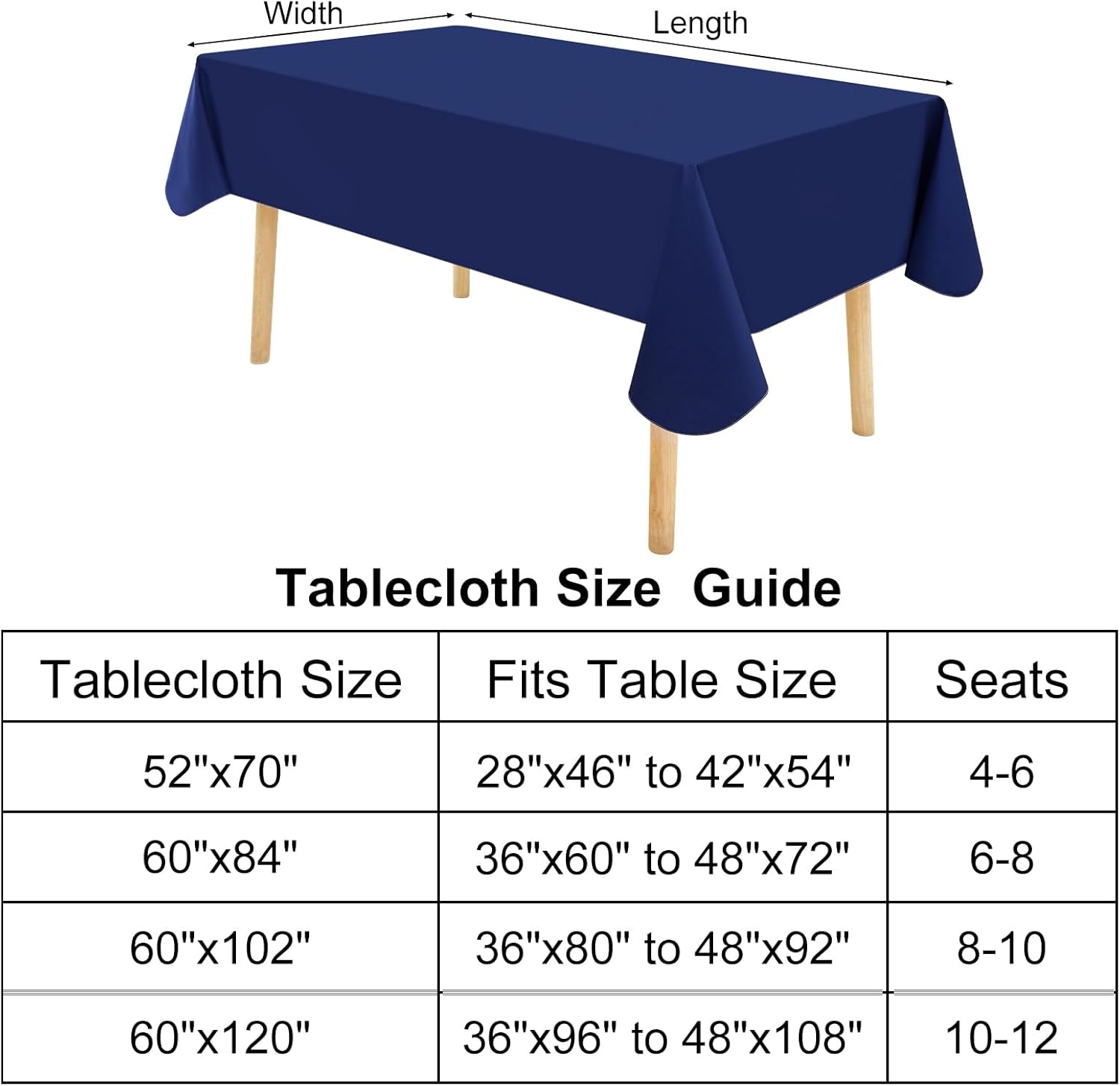 2 Pack Rectangle Vinyl Tablecloth, Waterproof Spillproof Plastic Flannel Backed Table Cloth, Wipe Clean Table Cover for Dining Table, Buffet Parties and Camping (Navy Blue, 52" X 70")