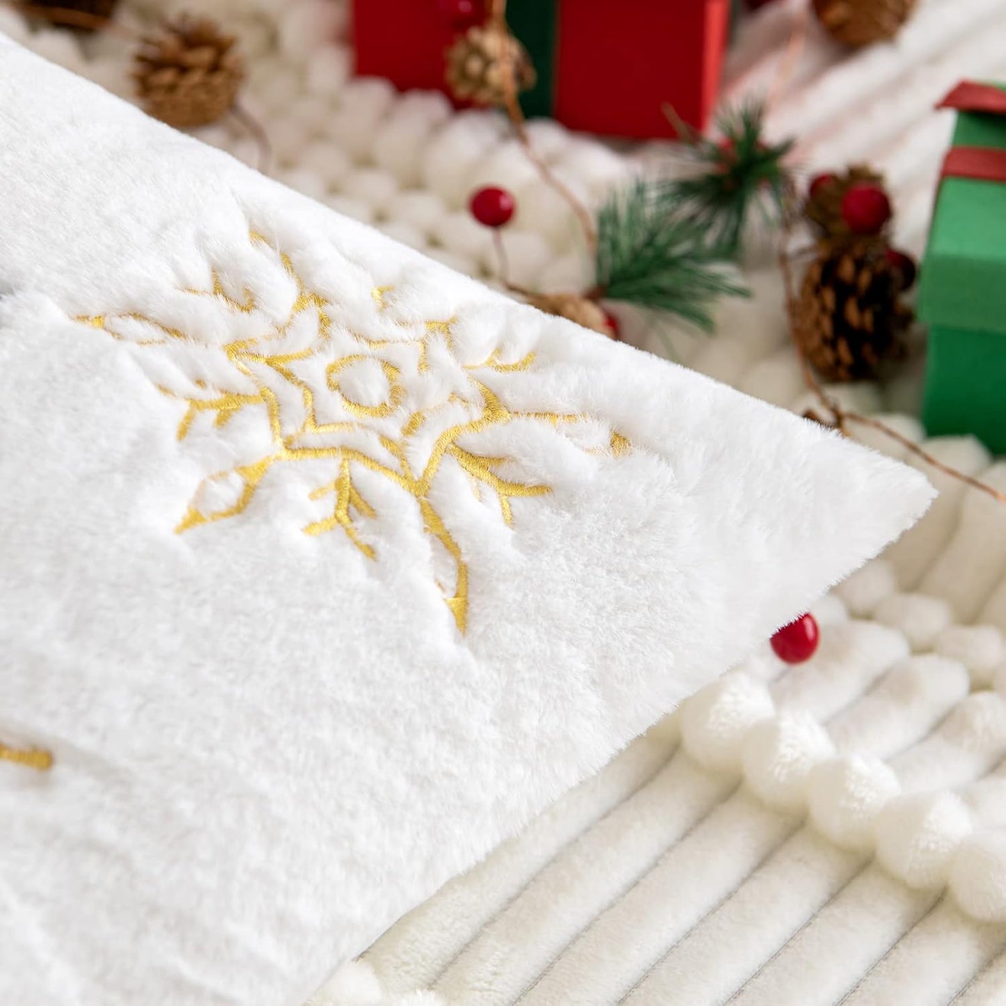 Pack of 2 Christmas Decorative Throw Pillow Covers Soft Faux Fur Pillow Cases with Embroidery Snowflake Winter Cute Pillowcases Holiday Decor for Couch Sofa Bedroom, 18×18 Inch, Yellow