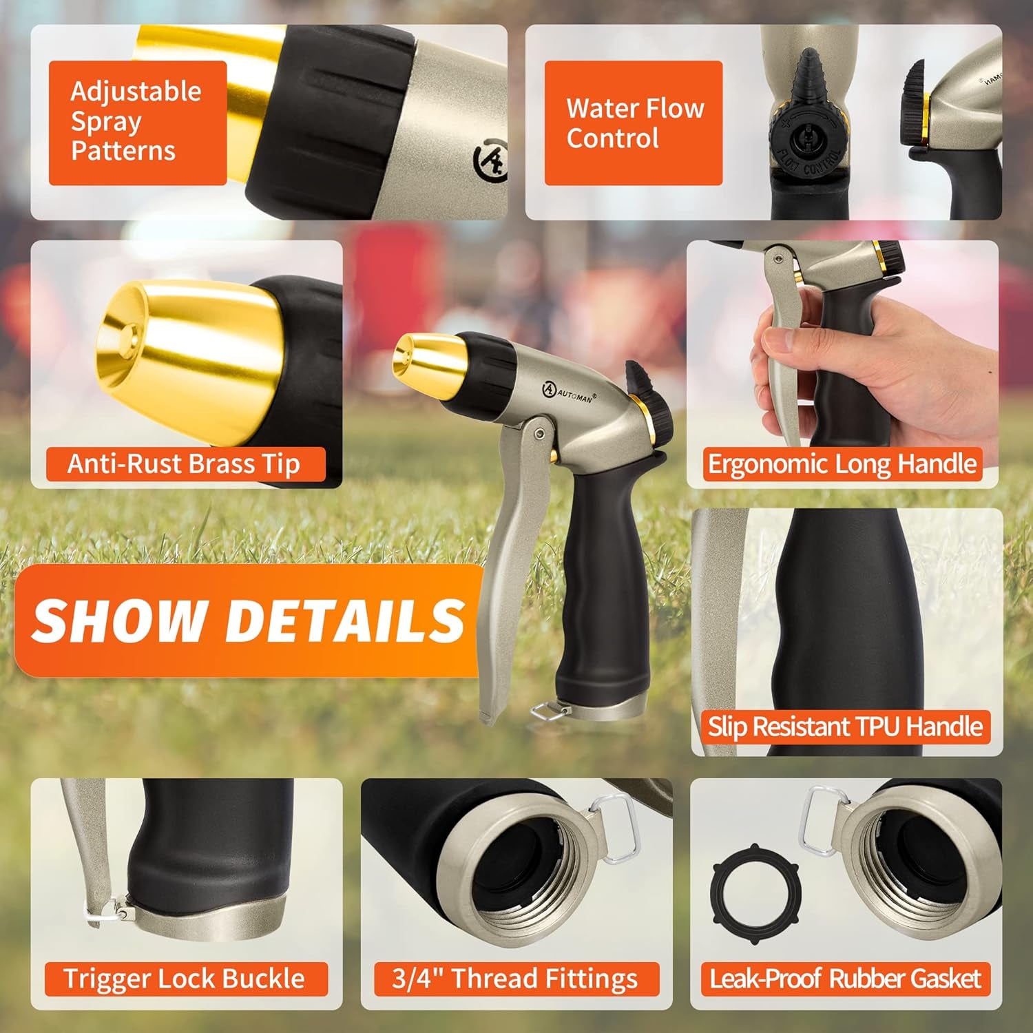 Garden Hose Nozzle - 100% Metal High Pressure Spray Nozzle, Adjustable Spray Patterns, Labor-Saving, Heavy Duty for Garden Watering, Car Washing, Window Cleaning, Pets Showering