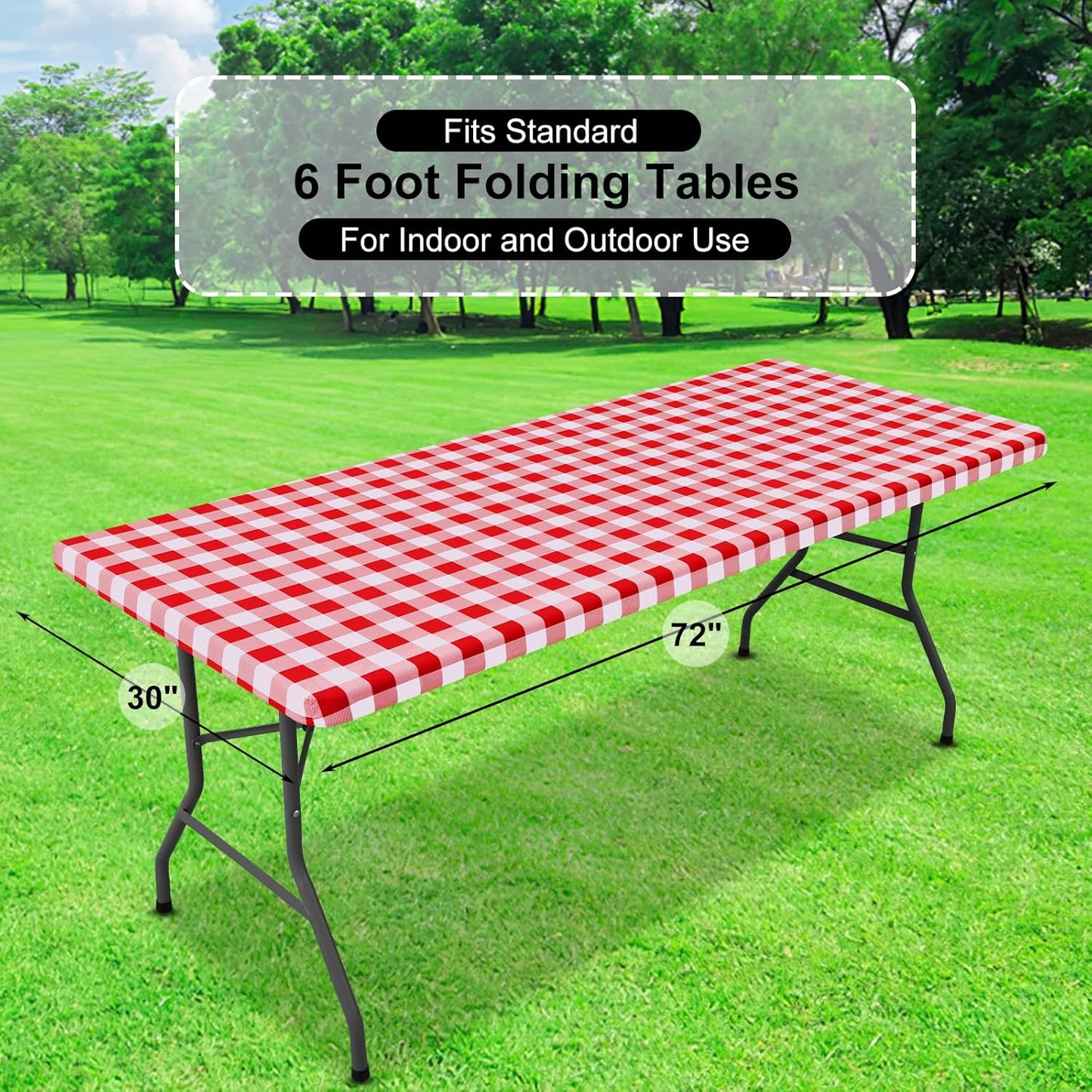 Buffalo Rectangle Picnic Tablecloth, 6 Foot Elastic Fitted Vinyl Table Cloth with Flannel Backing, Waterproof Plaid Table Covers for Dining, Camping, Outdoor (Red and White, 30" X 72")