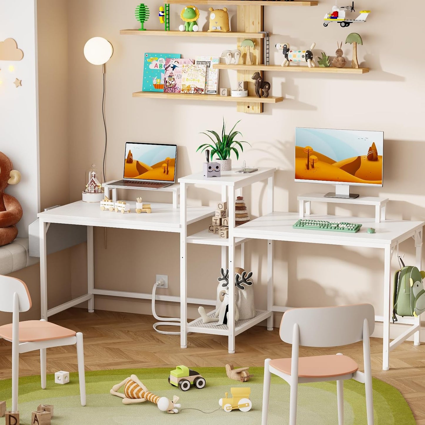 2 Person Gaming Desk with LED Lights, 71 Inch Computer Desk with Power Outlets and Monitor Stand, Double Desk with Storage Bag and Headphone Hooks, Study Writing Table for Home Office, White