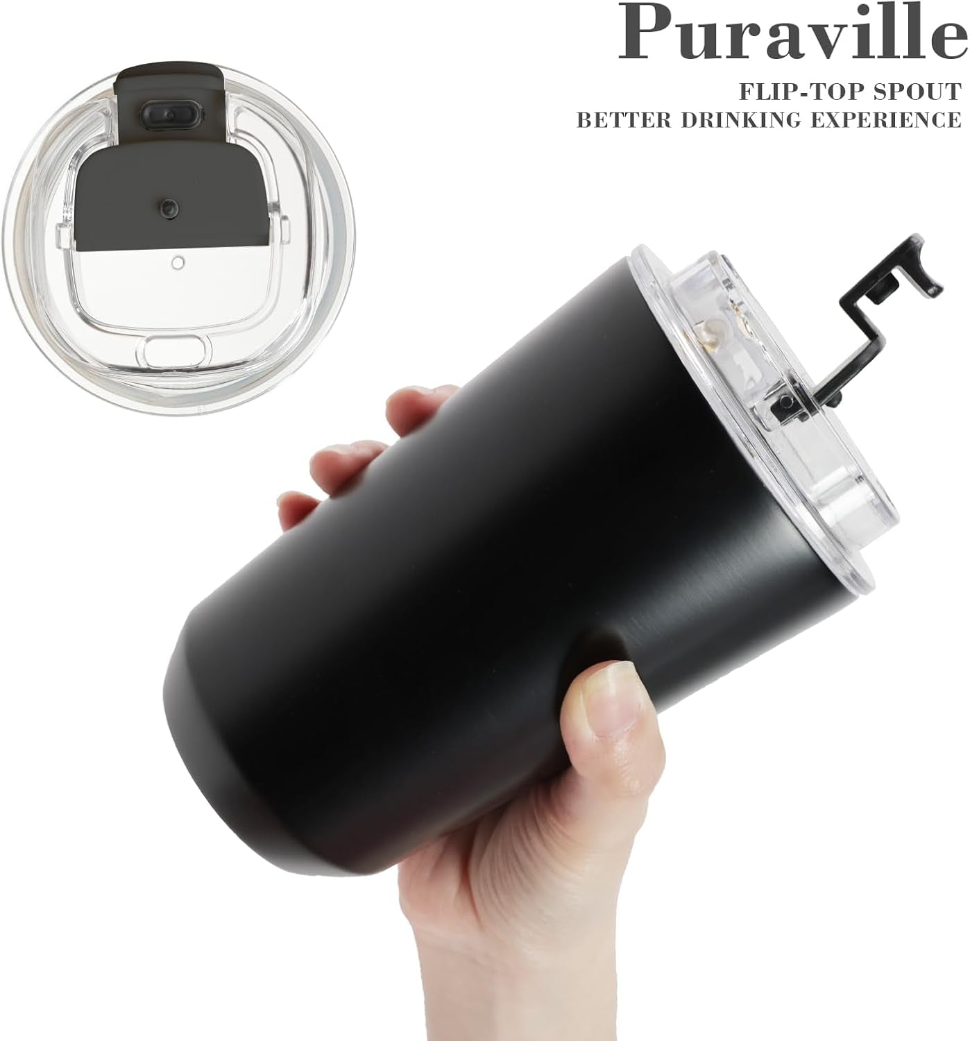 Insulated Tumblers with Lid, 14 Oz Travel Coffee Mug Stainless Steel Vacuum Cup, Leak Proof Reusable Double Walled Coffee Tumbler for Iced and Hot Drinks, Black