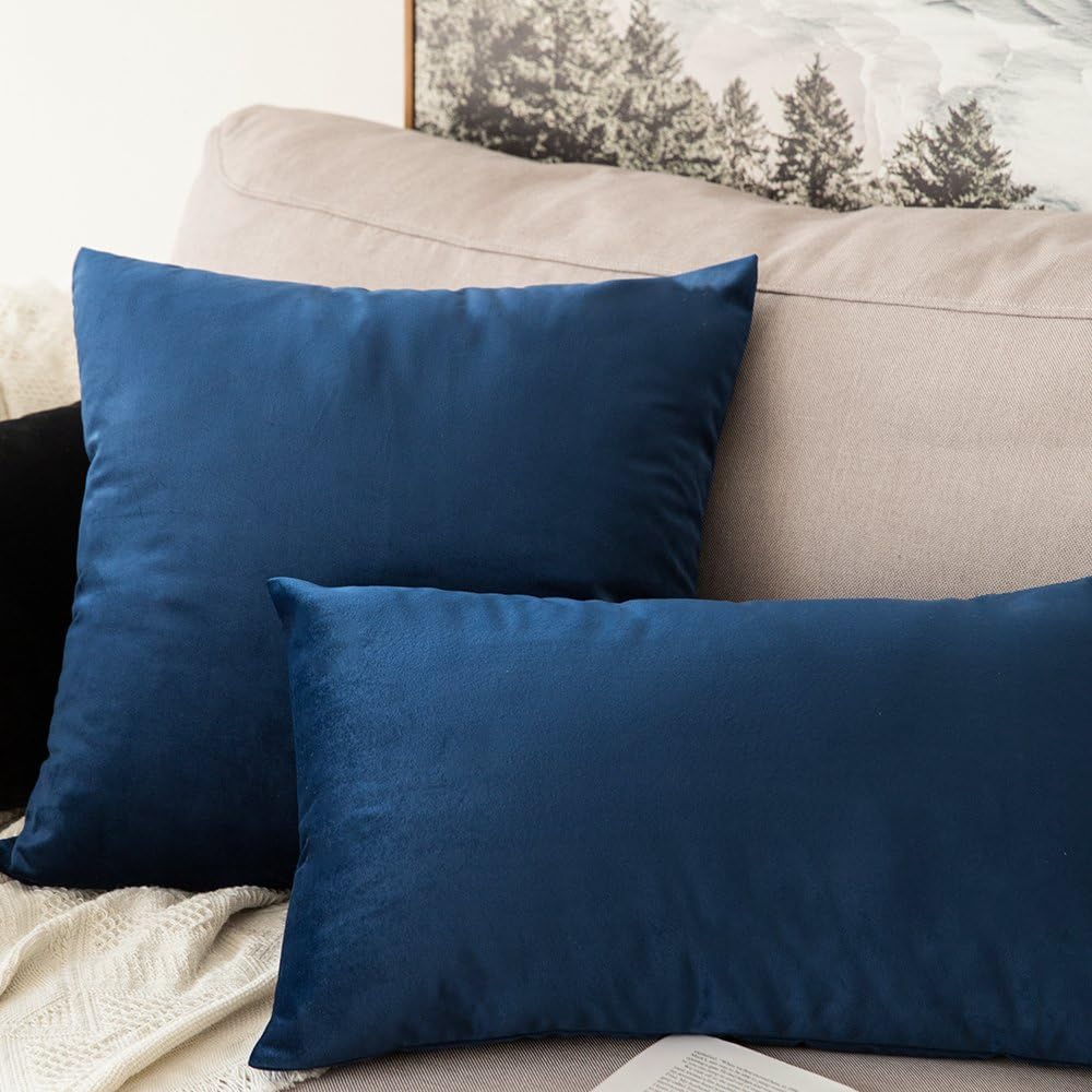 Velvet Soft Soild Decorative Square Throw Pillow Cover and Throw Pillow Insert Hypoallergenic Premium Pillow 12 X 20 Inch 30 X 50 Cm Dark Blue