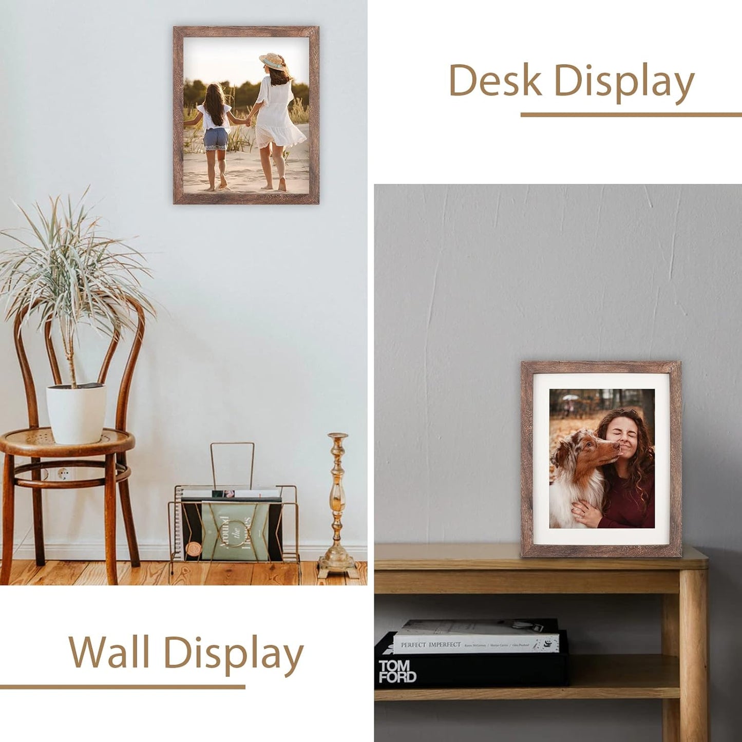 Brown Wood 8x10 Picture Frames with Mat for 6x8 Photos or Without Mat for 8x10 Photos, Distressed Finish, Set of 2 for Wall and Tabletop Display
