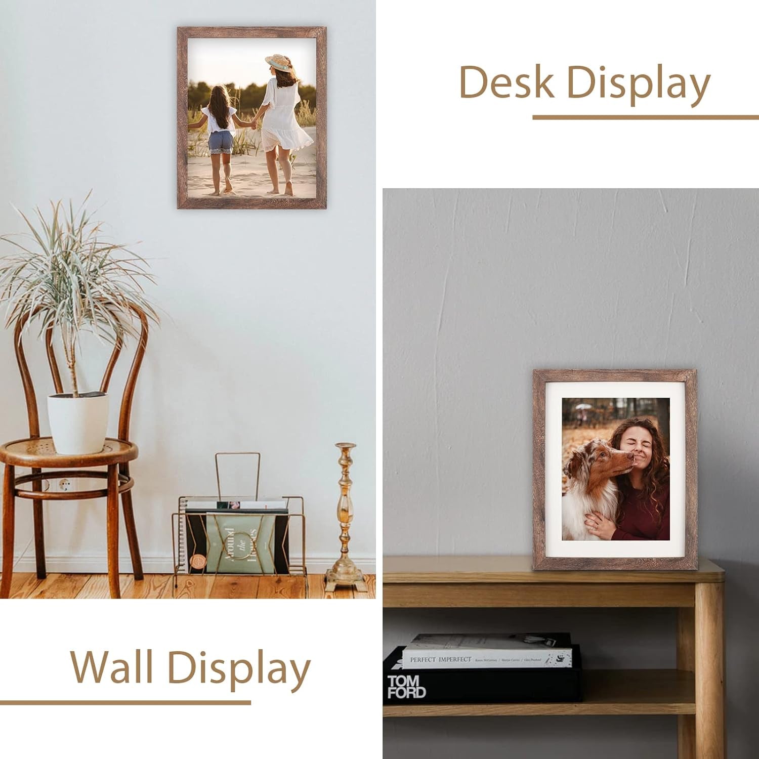 Brown Wood 8x10 Picture Frames with Mat for 6x8 Photos or Without Mat for 8x10 Photos, Distressed Finish, Set of 2 for Wall and Tabletop Display