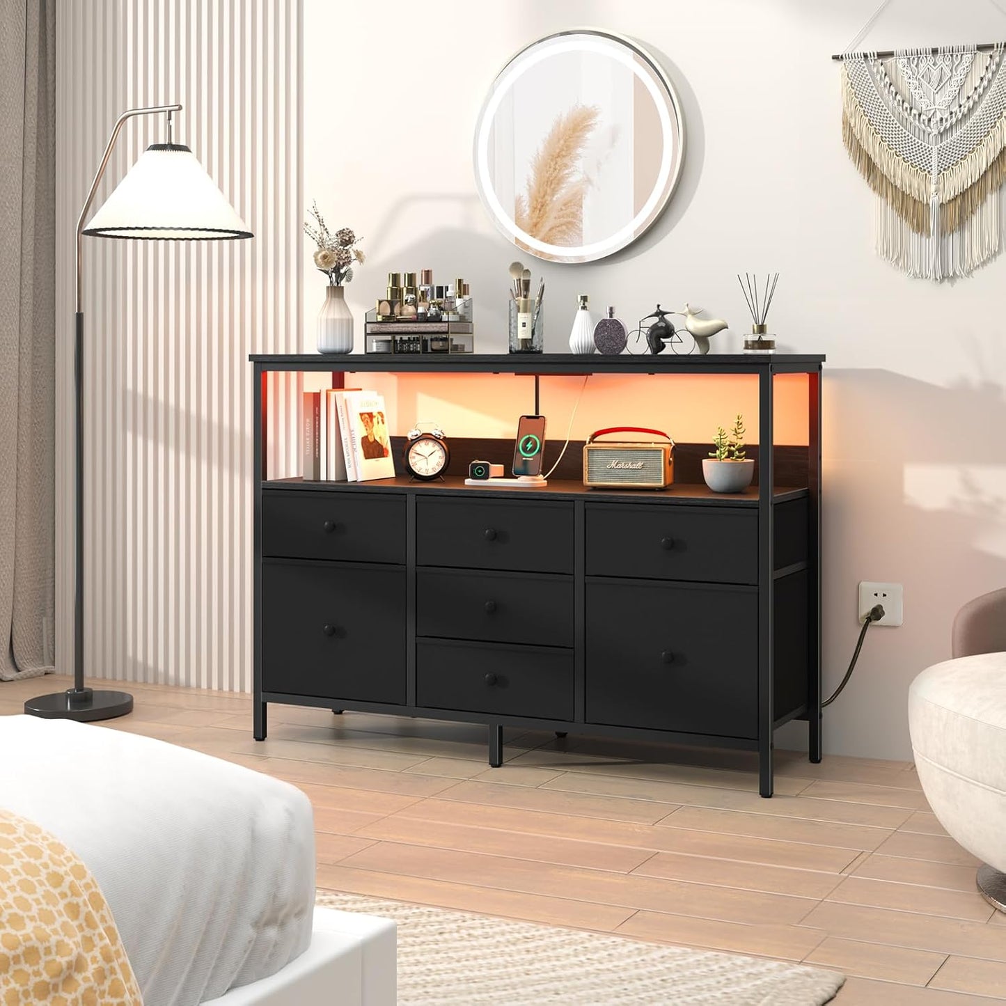 LED TV Stand for Bedroom, 50 Inch Kids Dresser with Power Outlets, 7 Drawers Entertainment Center with Storage Shelf, TV Stands Dresser for Bedroom, Living Room, TV Console Entertainment Stand