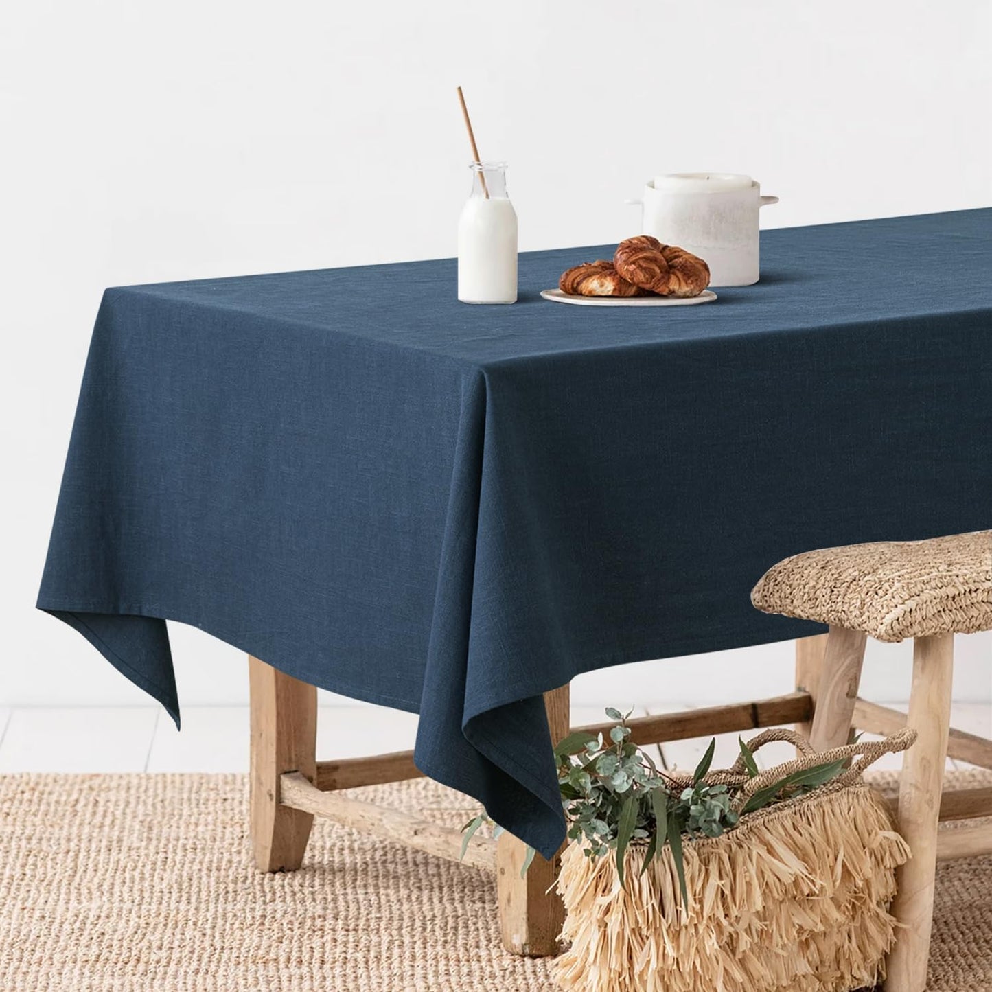 Linen Cotton Blend Tablecloth Rectangle, Luxury Waterproof Stain Resistant Durable Farmhouse Oblong Table Cloth for Dining Party Christmas Weddings Birthday, 52 X 84 Inch, Navy Blue