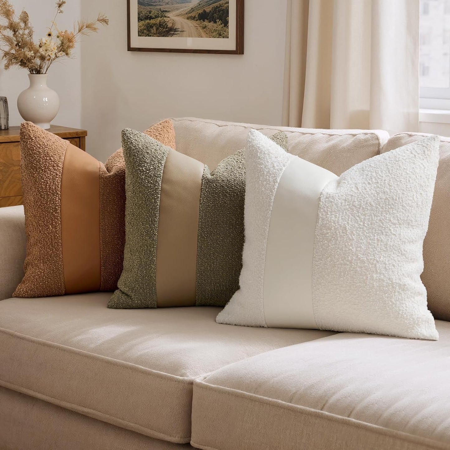 Boucle Throw Pillow Covers 18X18 Inch Set of 2 White Faux Leather Textured Decorative Pillow Cases Boho Farmhouse Accents Cushion Covers for Couch Bed Livingroom Home Decor