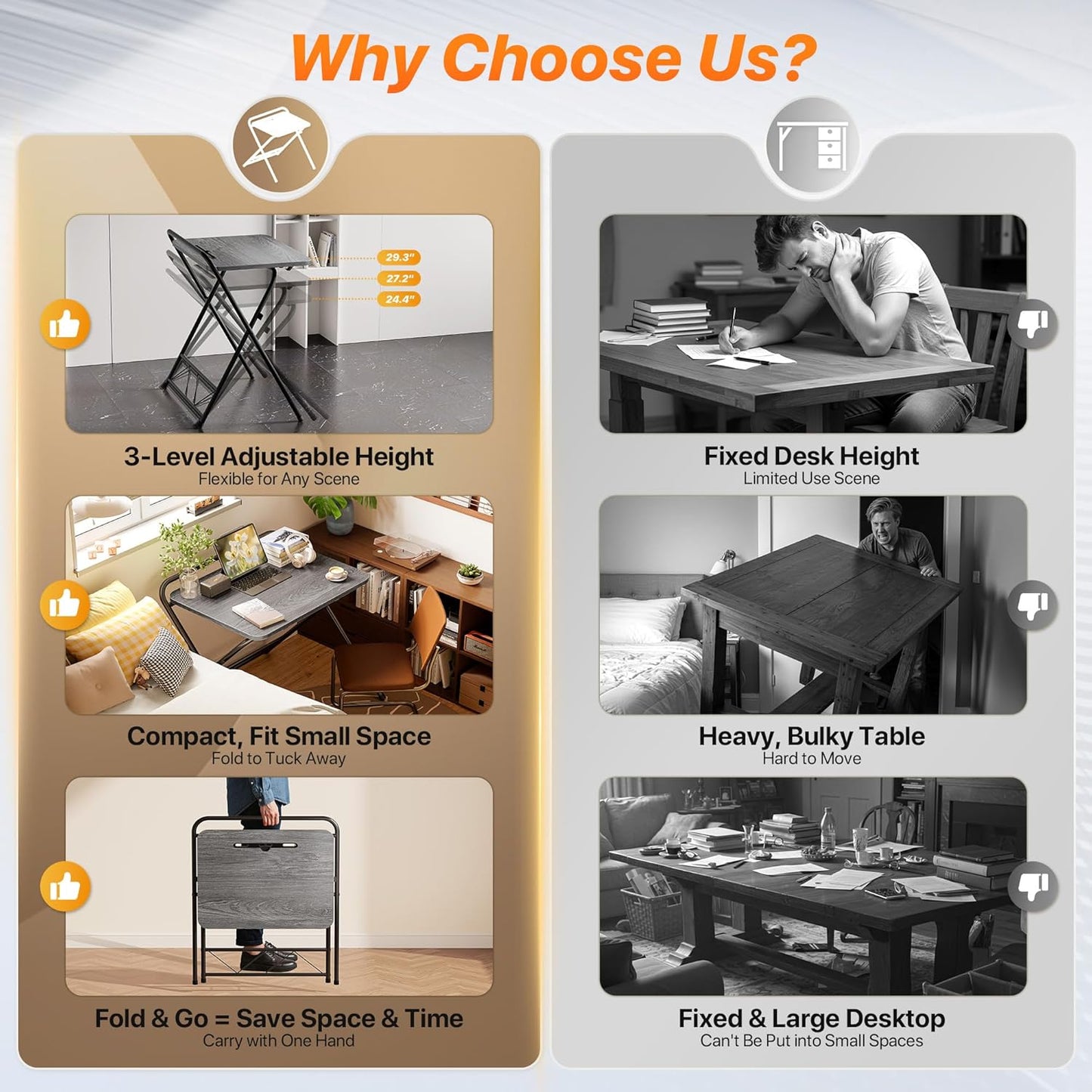 Folding Desk with Adjustable Height and Tablet Slot, 24-Inch Compact Computer Desk for Small Spaces, Space-Saving Writing Table for Home Office, Bedroom, and Study, Grey