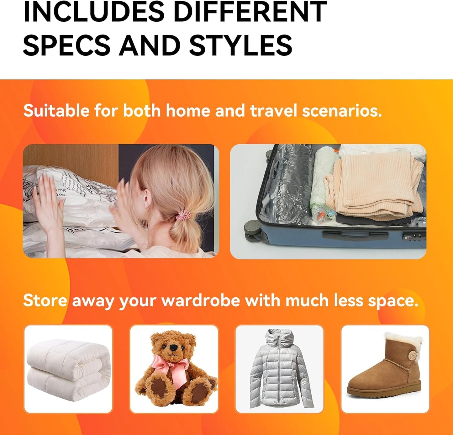 15 Pack Vacuum Storage Bags (3 Jumbo/3 Large/3 Medium/3 Small/3 Roll) | Space Saver | Rapid Vacuum | Double Zip Seal | Clip Stopper | Ideal for Clothes, Blankets Compression and Travelling