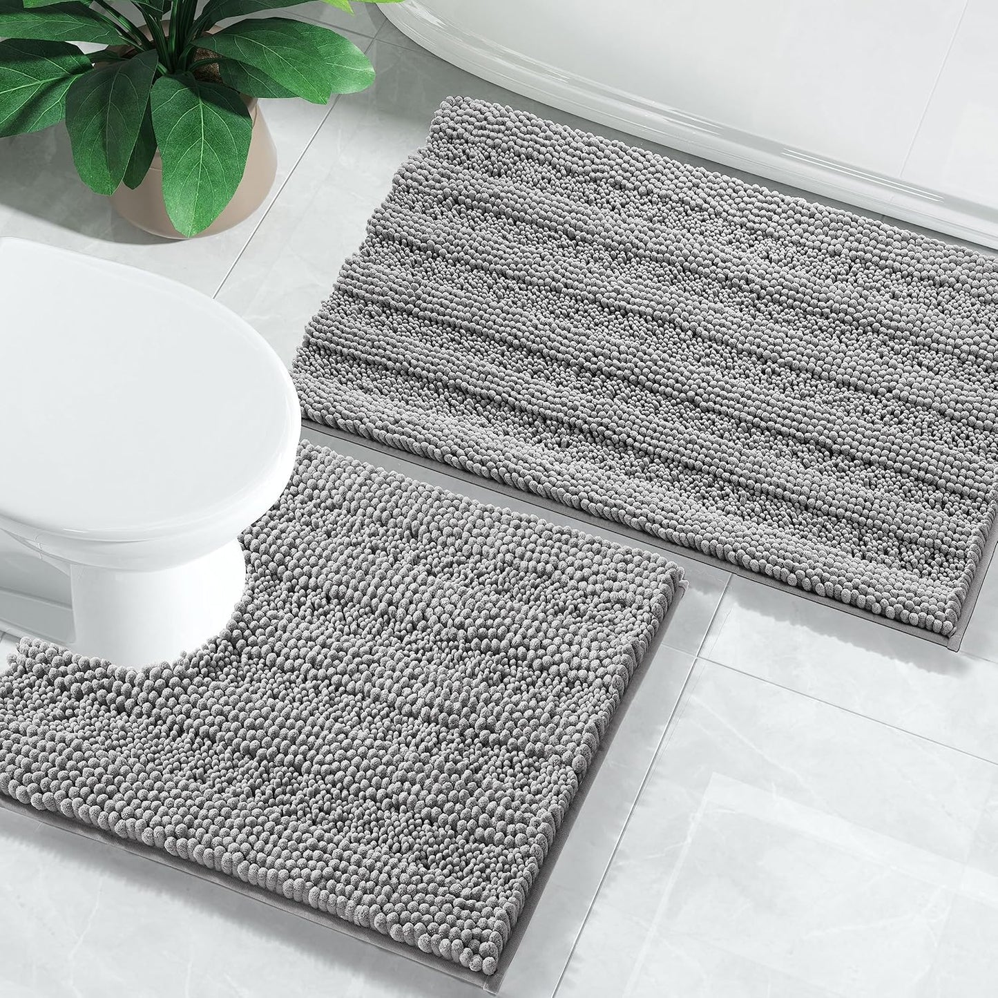 Bathroom Rugs Sets 2 Piece, Soft Absorbent Chenille Bath Mat and U-Shaped Toilet Rug, Non Slip Machine Washable Quick Dry, Plush Shower Rugs for Bathroom Floor, 24"X17"+24"X20", Gray