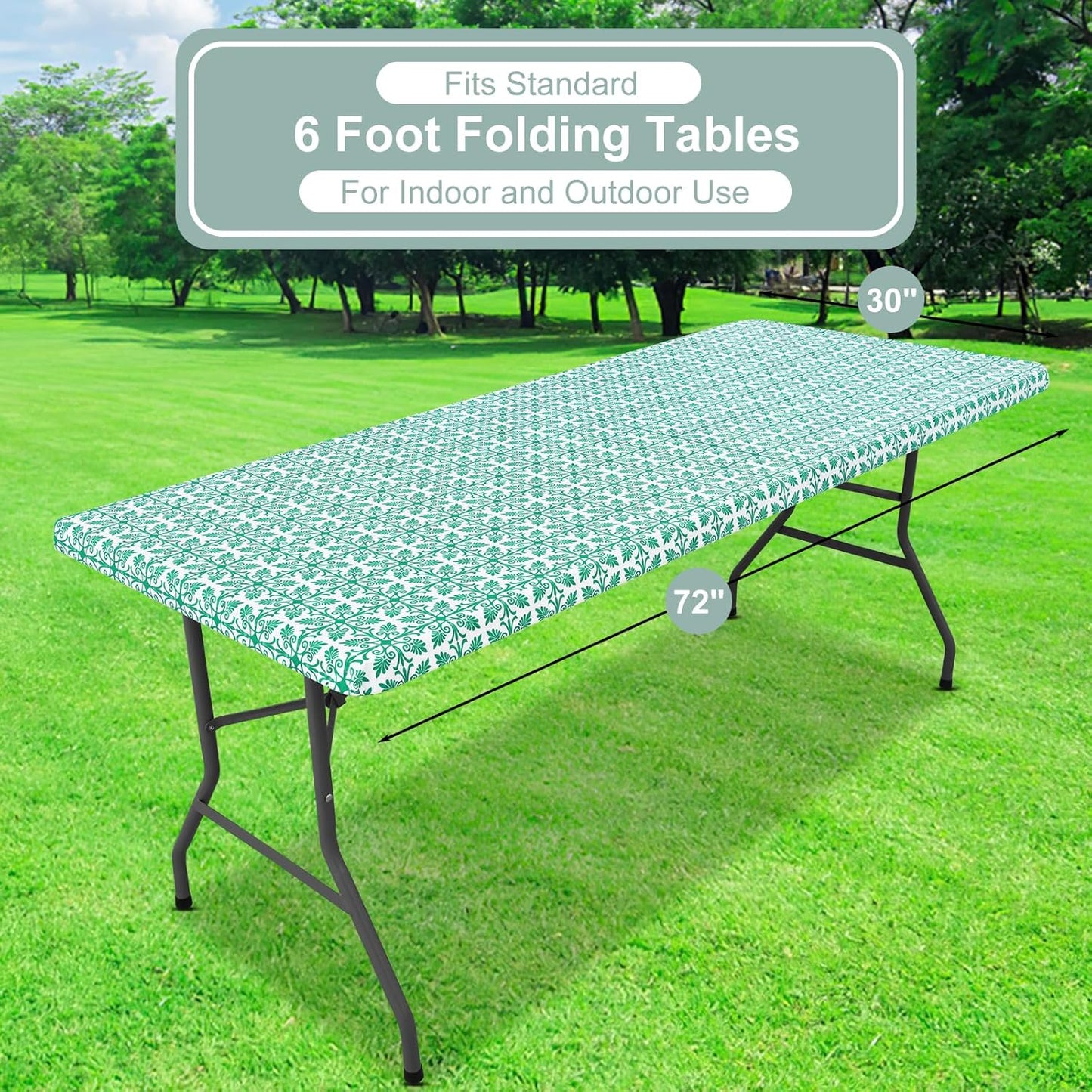 Rectangle Vinyl Table Cloth, Elastic Fitted Flannel Backed Tablecloth, 100% Waterproof Plastic Table Cover Fits 6 Foot Folding Tables for Picnic, Camping, Outdoor (Green, 30" X 72")