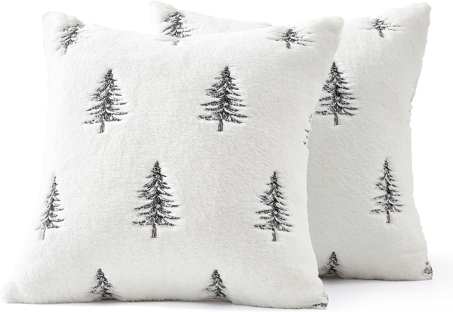 Christmas Decorative Pillow Covers Set of 2 Faux Fur Throw Pillows with Embroidered Christmas Tree 18X18 Inch White Black Winter Couch Covers for Festival Sofa Bedroom Living Room Home Decor