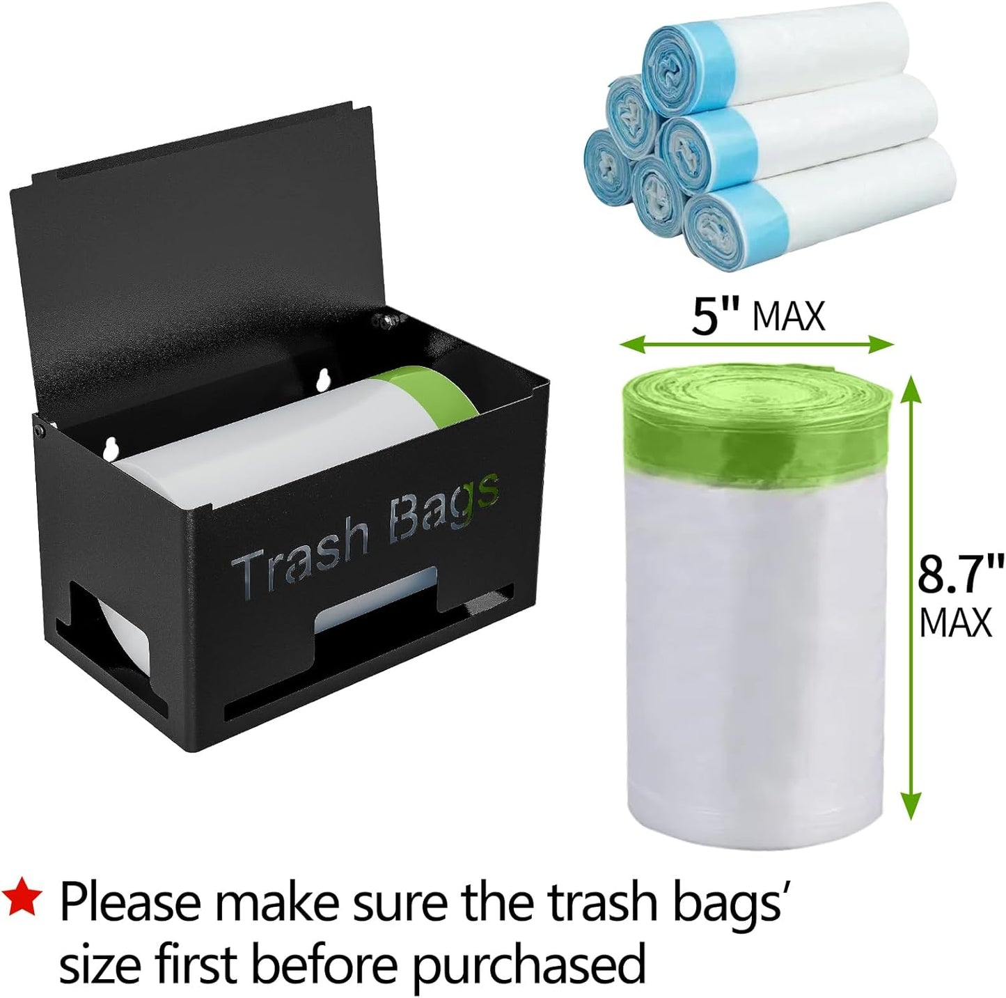 Trash Bag Holder, Metal Trash Bag Dispenser Roll Holder, Kitchen Trash Bag Organizer for Cabinet, Countertop, Wall Mounted or Freestanding, Black