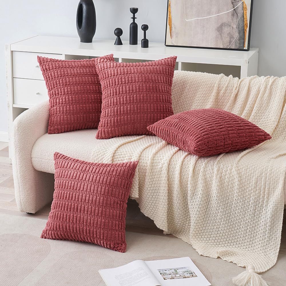 Pack of 4 Corduroy Decorative Throw Pillow Covers 16X16 Inch Soft Boho Striped Pillow Covers Modern Farmhouse Home Decor for Sofa Living Room Couch Bed Cranberry Red
