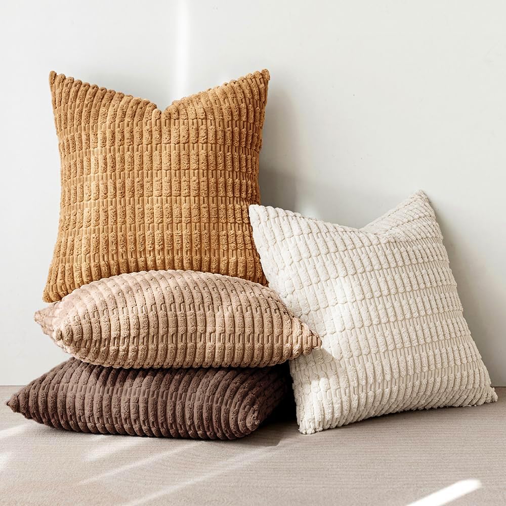 Pack of 4 Neutral Corduroy Decorative Throw Pillow Covers 18X18 Inch for Sofa Living Room Couch Bed Rustic Farmhouse Boho Soft Striped Pillow Covers Home Decor Brown