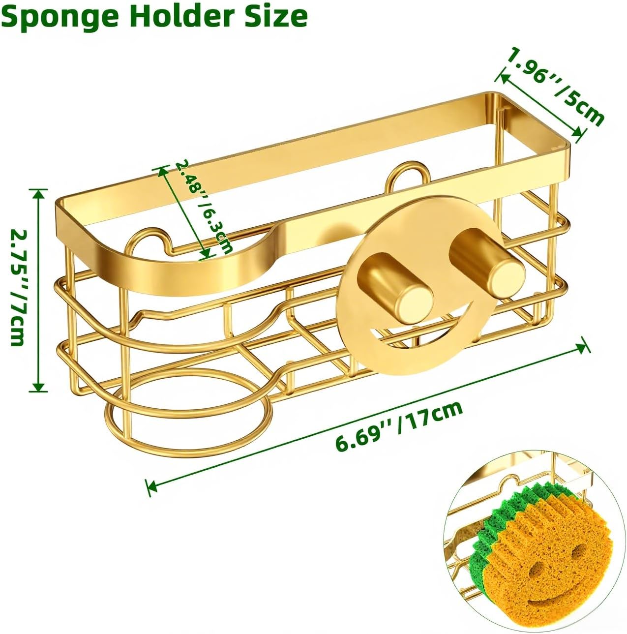 Gold Smiley Sponge Holder for Kitchen Sink Caddy, Stainless Steel Movable Brush Holder Dish Cloth Hanger, Suction Cup Sink Organizer Scrubbe