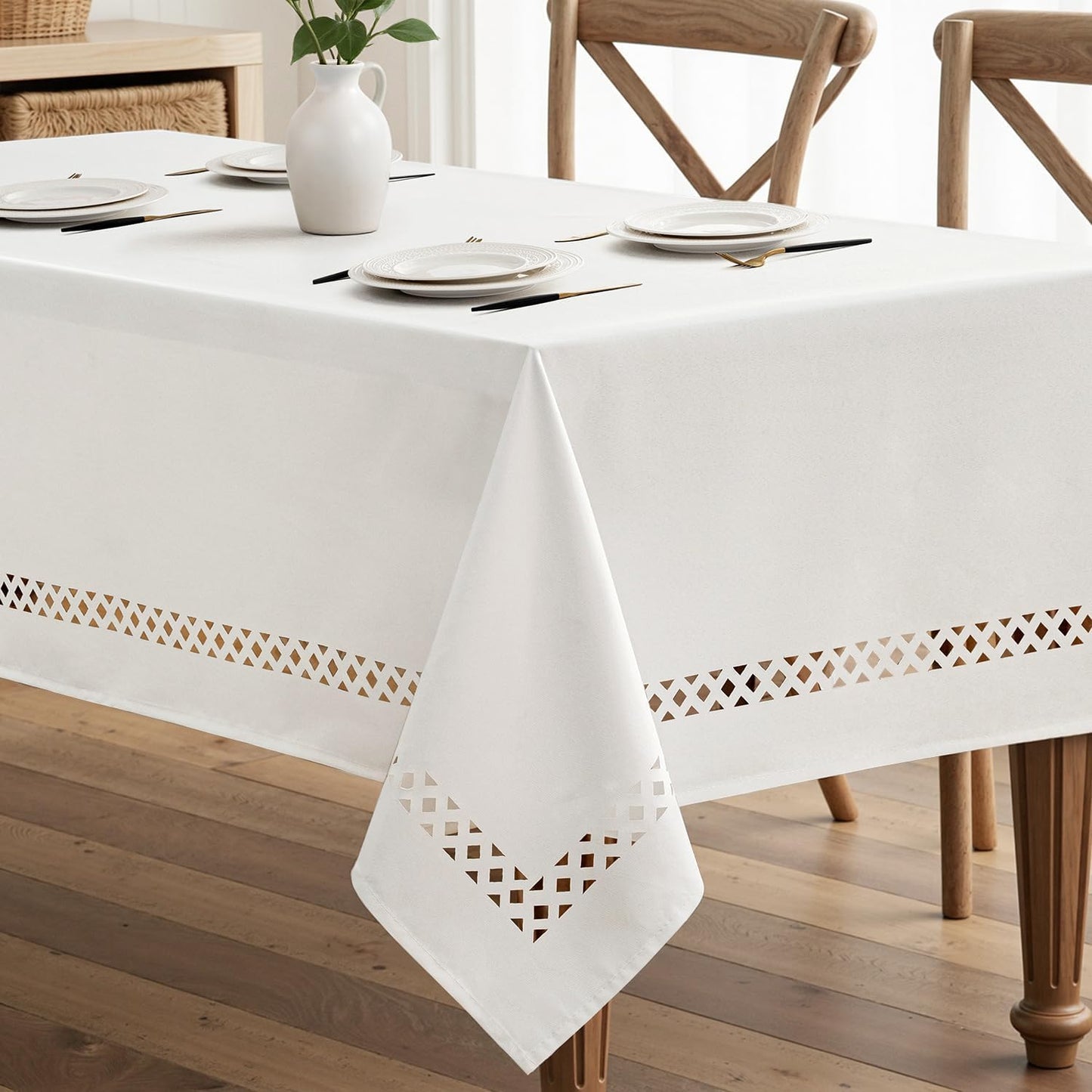 White Rectangle Linen Tablecloth with Decorative Cutouts Waterproof Stain Resistant & Shrink-Proof Table Cloth 52X70 Inch Farmhouse Style for Dining Wedding Party and Outdoor Picnics