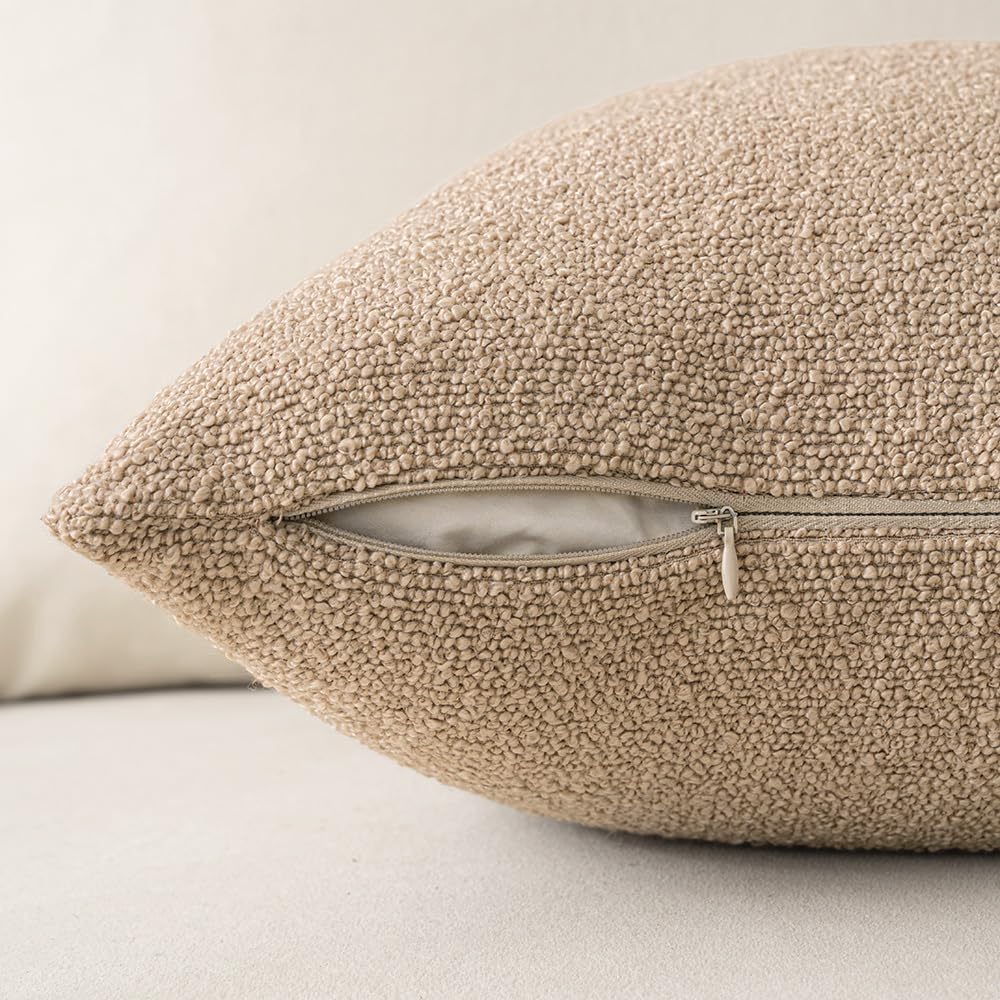 18X18 Inch Decorative Pillow Covers for Couch Bed Set of 2 Textured Boucle Neutral Throw Pillows Khaki Accent Solid Cushion Pillowcase Cozy Soft Sofa Livingroom Home Decor