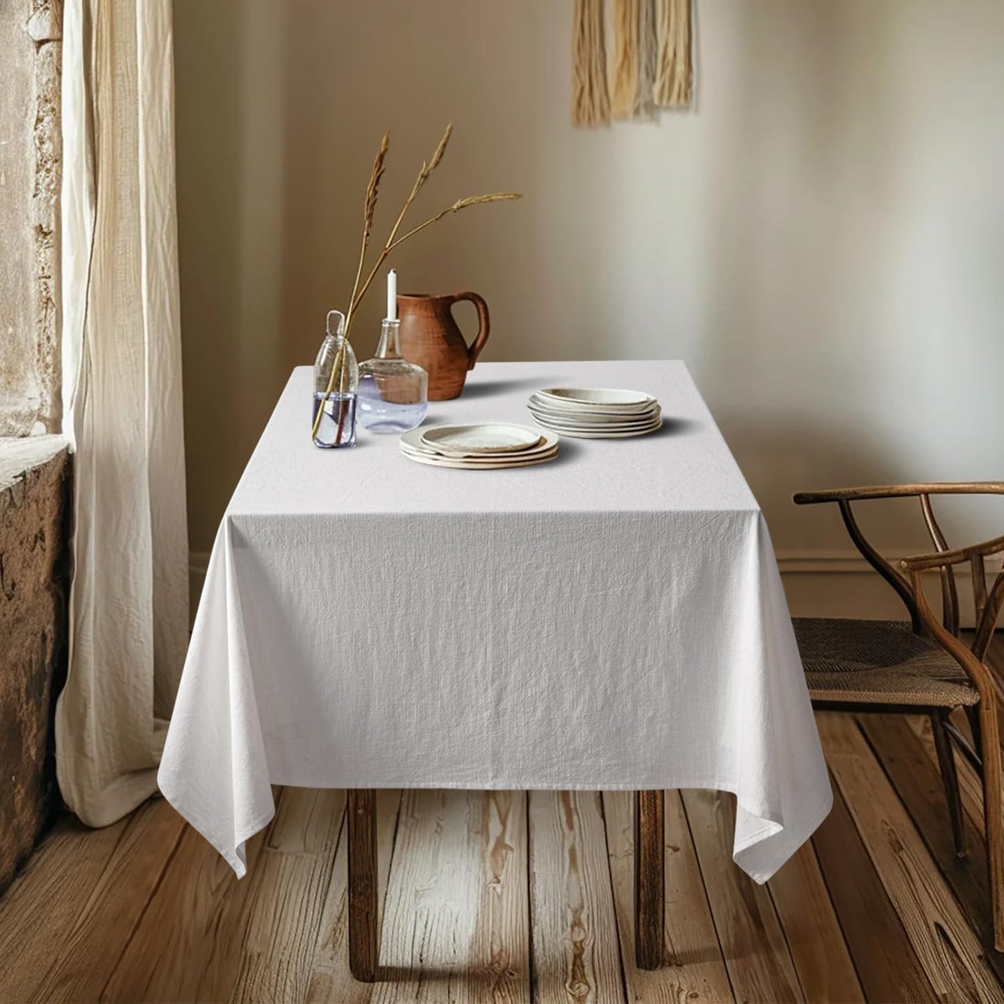 White Linen Cotton Blend Tablecloth Rectangle, Luxury Waterproof Stain Resistant Durable Farmhouse Oblong Table Cloth for Dining Party Christmas Weddings Birthday Picnic Events, 52 X 84 Inch