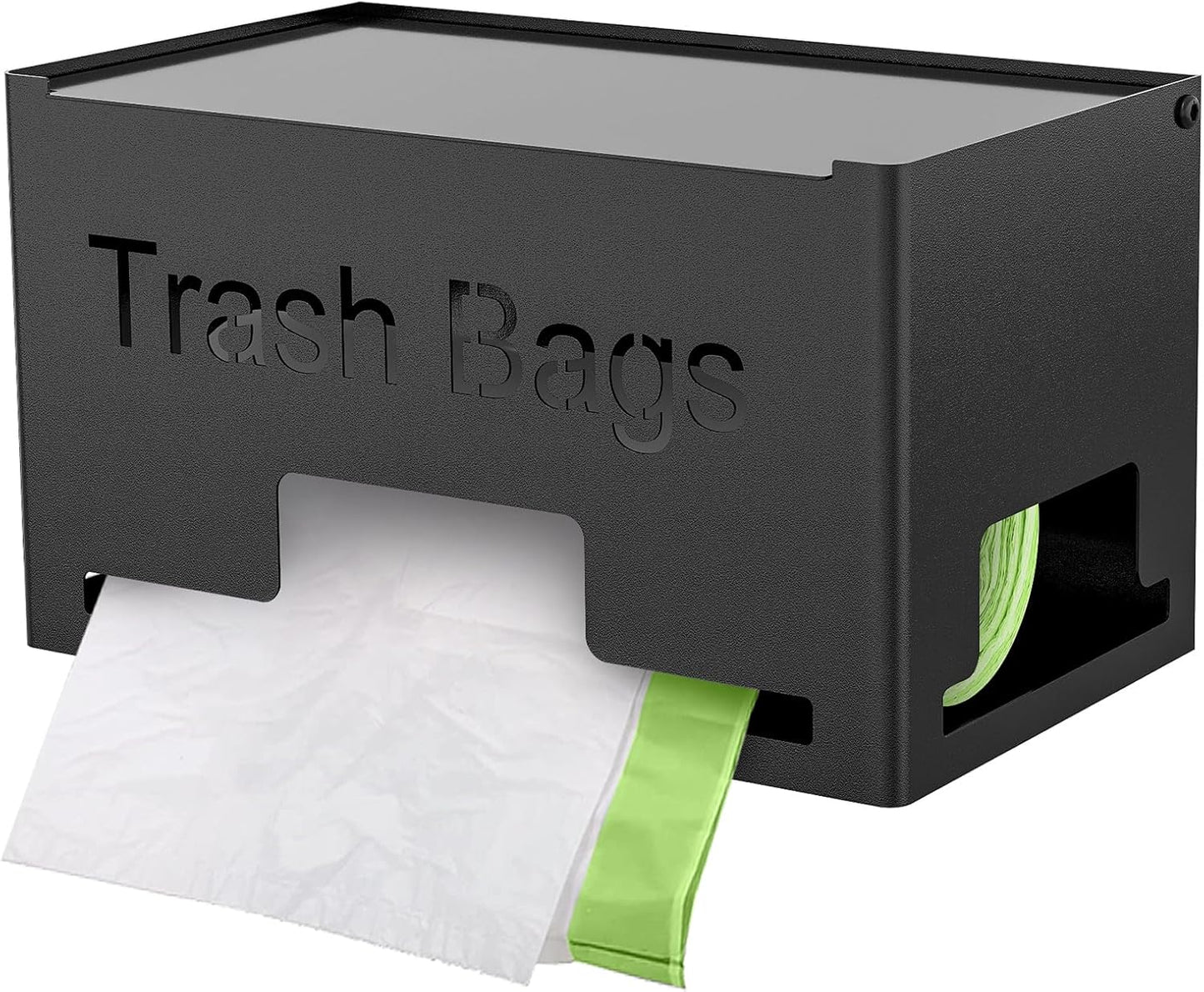 Trash Bag Holder, Metal Trash Bag Dispenser Roll Holder, Kitchen Trash Bag Organizer for Cabinet, Countertop, Wall Mounted or Freestanding, Black