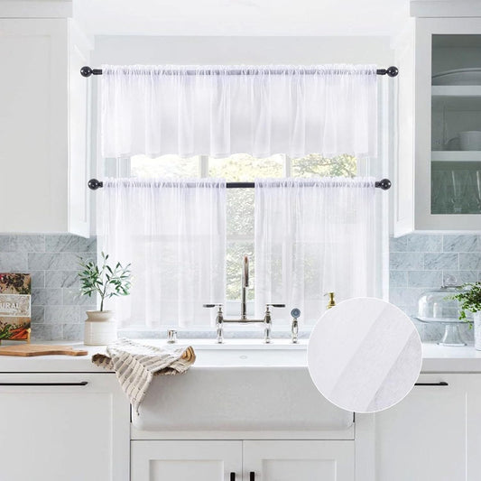 Linen Textured Sheer Curtain Valance Farmhouse Rod Pocket Drapes for Bathroom Cafe Small Window 1 Panel 60 W X 18 L Bundle with Sheer Kitchen Curtains 24 Inches Length 2 Panels, 29 X 24, White