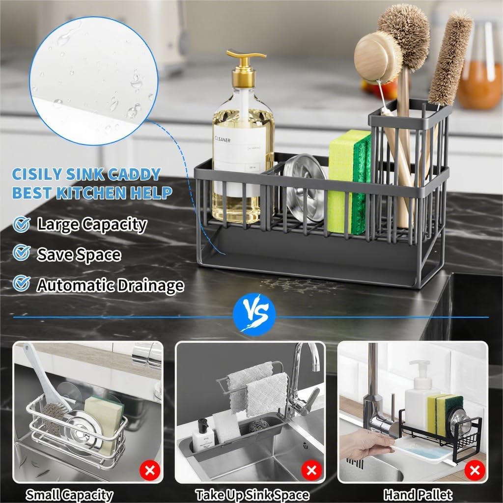 Sink Caddy Organzier with High Brush Holder, Sponge Holder for Sink, 304 Rustproof Stainless, Kitchen Countertop Soap Dispenser Organizer, Dark Gray Kitchen Decor and Accessories