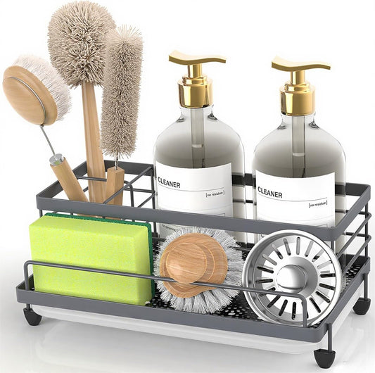 Gray Sponge Holder for Kitchen, Sink Caddy Sink Organizer Rack for Kitchen Accessories with Drip Tray, Rustproof and Non-Slip, Soap Dispenser Countertop Organizer Essentials for New Home
