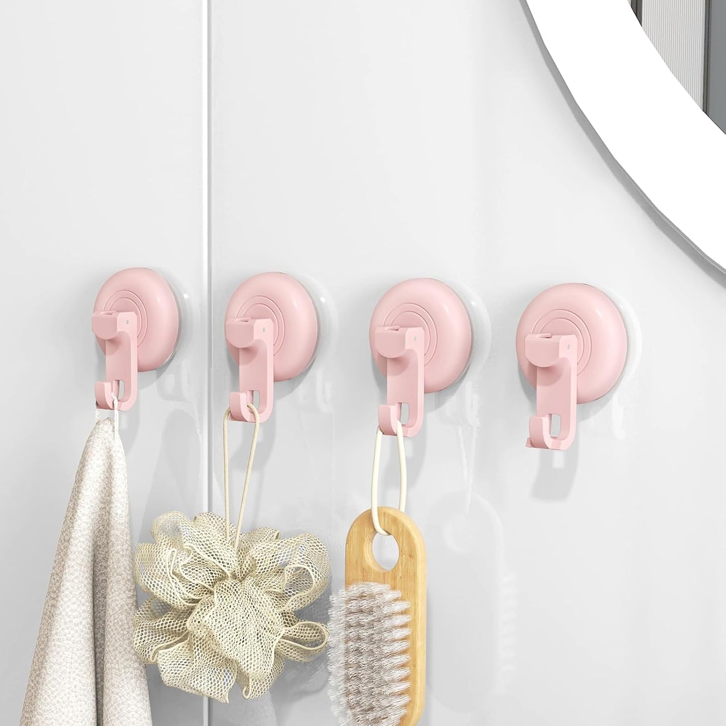 Suction Cup Hooks for Shower, Powerful Vacuum Suction Cup Hook for Towel, Robe, Loofah, No Hole Punched, Reusable Bathroom Towel Hooks, Pink, 4 Pack