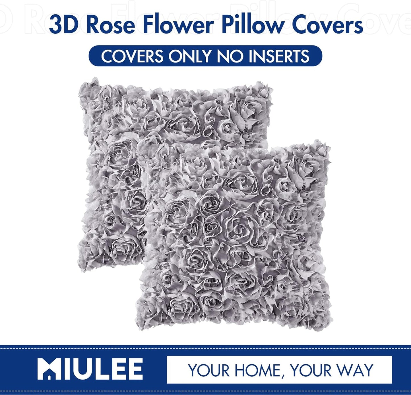 Pack of 2 3D Decorative Romantic Stereo Chiffon Rose Flower Pillow Covers Solid Square Pillowcases for Valentines Day Decoration Sofa Bedroom Car 16X16 Inch 40X40Cm Grey Wedding