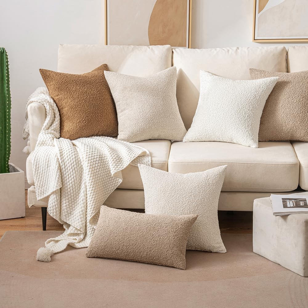 18X18 Inch Decorative Pillow Covers for Couch Bed Set of 2 Textured Boucle Neutral Throw Pillows Oatmeal Accent Solid Cushion Pillowcase Cozy Soft Sofa Livingroom Home Decor