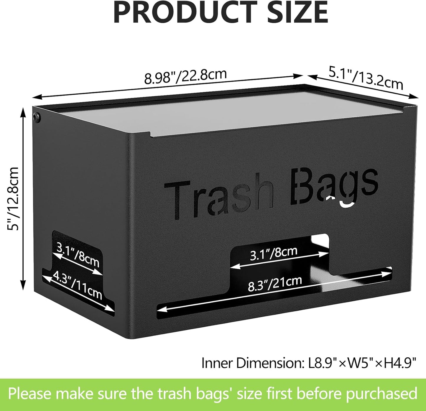 Trash Bag Holder, Metal Trash Bag Dispenser Roll Holder, Kitchen Trash Bag Organizer for Cabinet, Countertop, Wall Mounted or Freestanding, Black