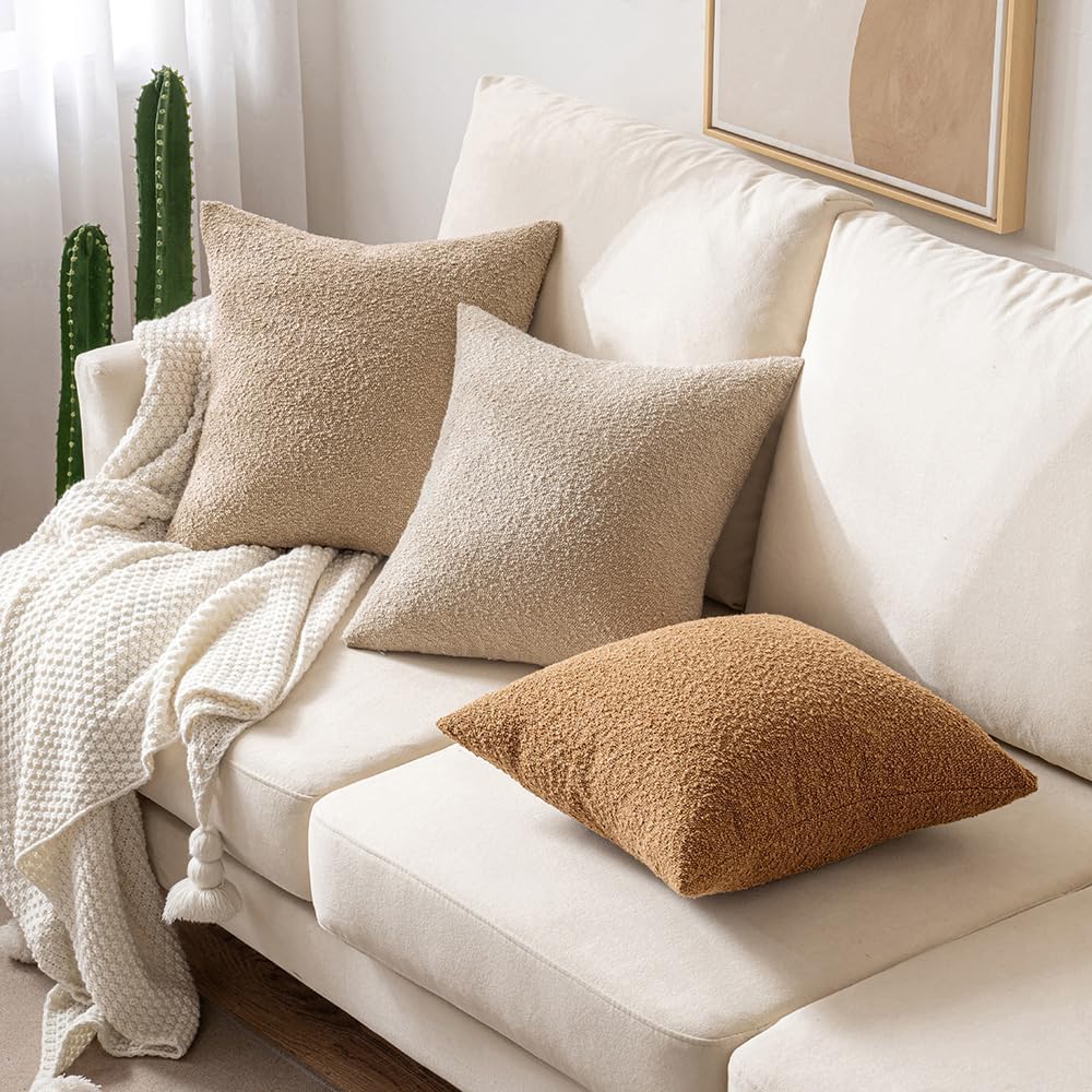 18X18 Inch Decorative Pillow Covers for Couch Bed Set of 2 Textured Boucle Neutral Throw Pillows Khaki Accent Solid Cushion Pillowcase Cozy Soft Sofa Livingroom Home Decor