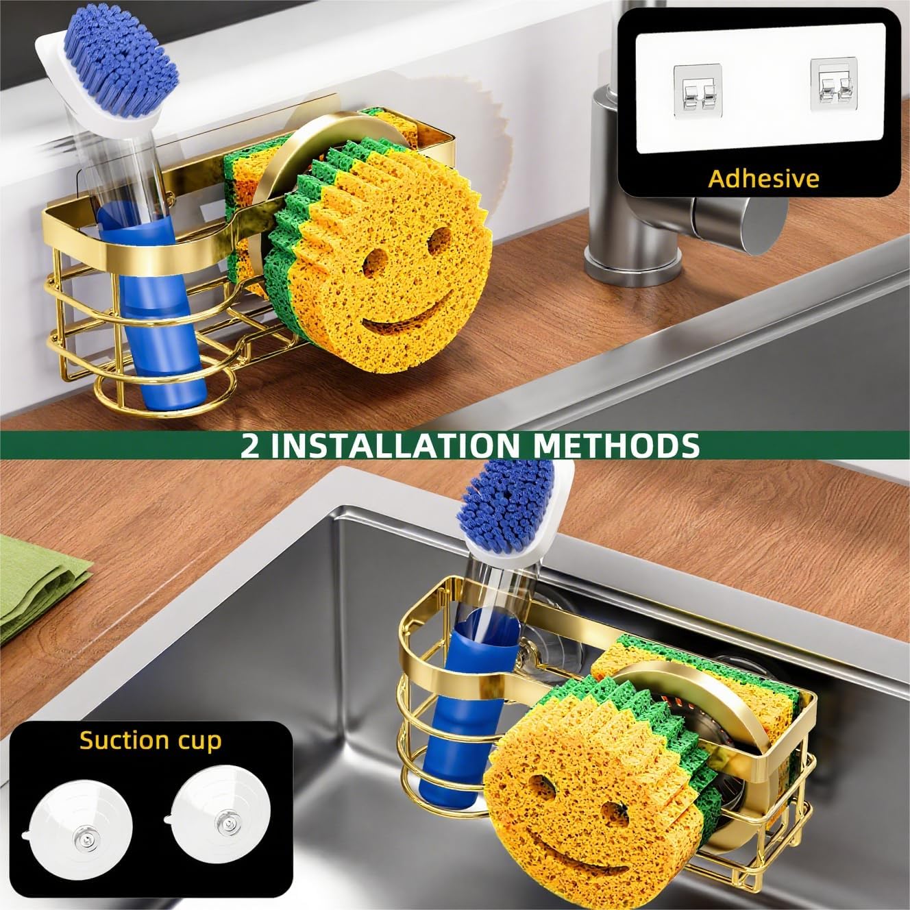 Gold Smiley Sponge Holder for Kitchen Sink Caddy, Stainless Steel Movable Brush Holder Dish Cloth Hanger, Suction Cup Sink Organizer Scrubbe