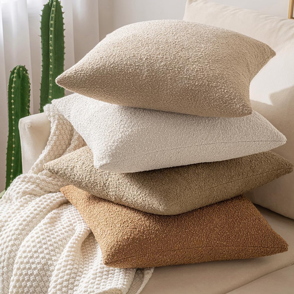 18X18 Inch Decorative Pillow Covers for Couch Bed Set of 2 Textured Boucle Neutral Throw Pillows Khaki Accent Solid Cushion Pillowcase Cozy Soft Sofa Livingroom Home Decor