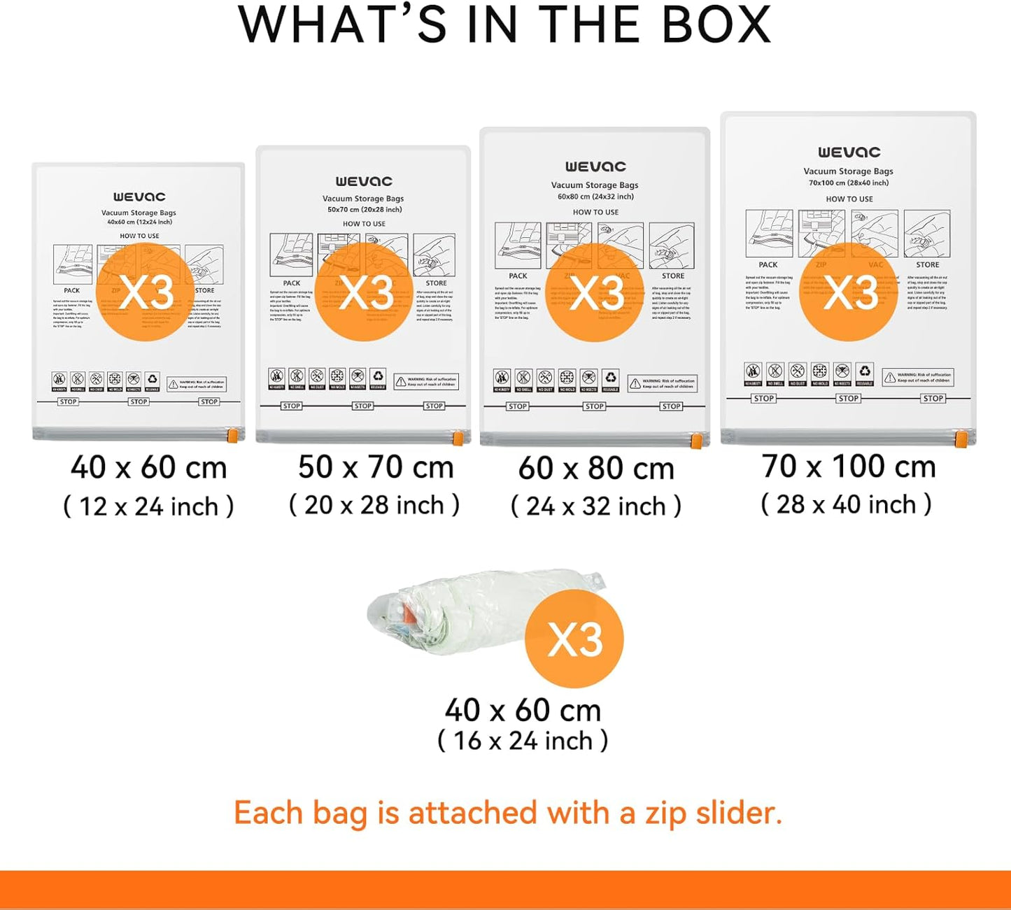 15 Pack Vacuum Storage Bags (3 Jumbo/3 Large/3 Medium/3 Small/3 Roll) | Space Saver | Rapid Vacuum | Double Zip Seal | Clip Stopper | Ideal for Clothes, Blankets Compression and Travelling