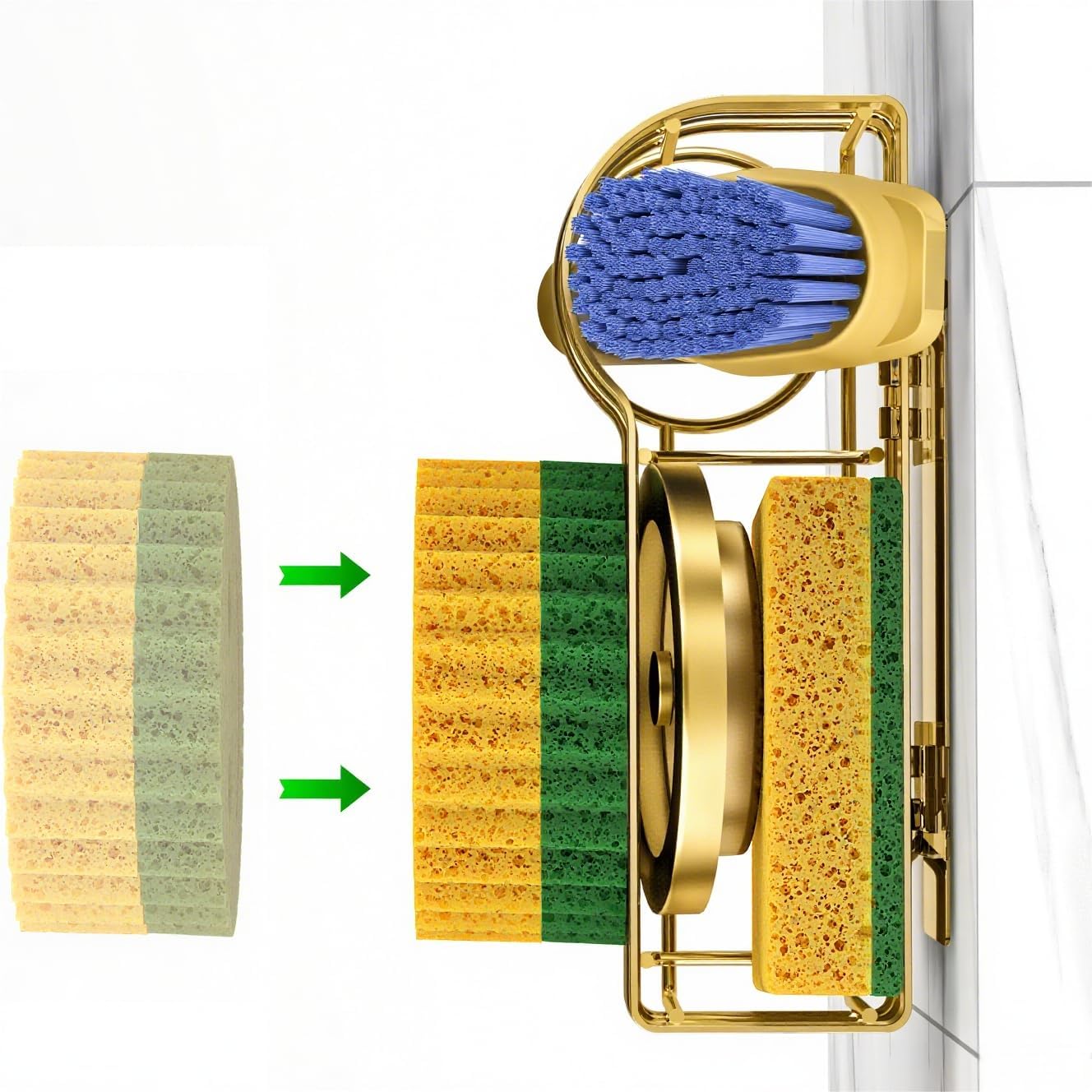 Gold Smiley Sponge Holder for Kitchen Sink Caddy, Stainless Steel Movable Brush Holder Dish Cloth Hanger, Suction Cup Sink Organizer Scrubbe
