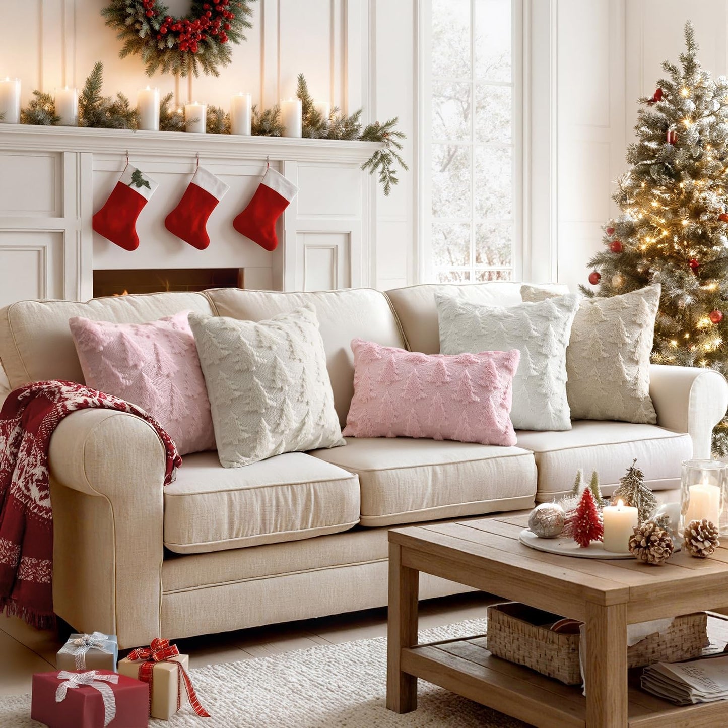 Christmas Throw Pillow Covers Pink Christmas Decorations Set of 2 Xmas Tree 18X18 Pillow Covers Soft Plush Faux Wool Pillowcases Holiday Festivals Winter Home Decor Sofa Couch Bed Porch