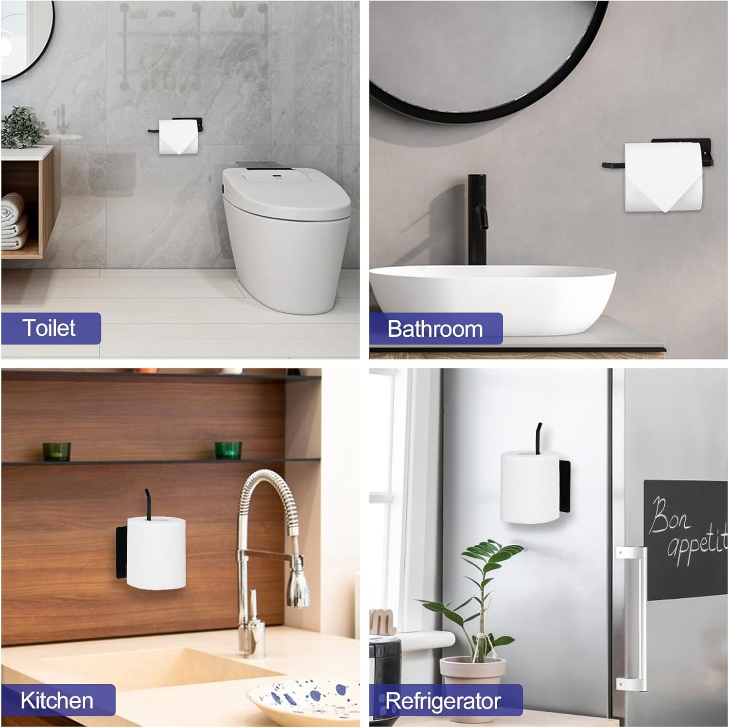 Bathroom Toilet Paper Holder 2Pack,Stainless Steel Toilet Roll Holder,Wall Mounted Self Adhesive Paper Stand for Bathroom, Kitchen, Washroom(Black)