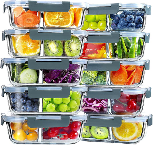 10-Pack 30 OZ Glass Meal Prep Containers with 2 Compartments, Airtight Lids, Microwave, Oven, Freezer, and Dishwasher Safe, Grey