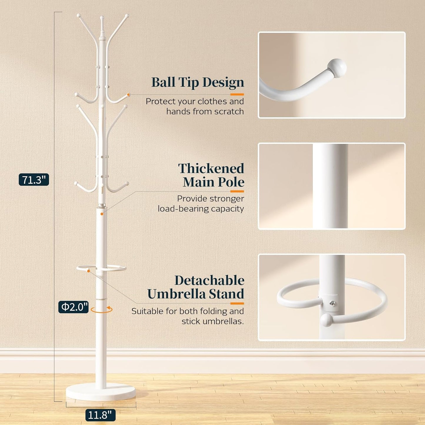 Metal Coat Rack Freestanding with Marble Base, Coat Tree with 12 Hooks & Umbrella Holder, Coat Hanger Stand for Corner Entryway Bedroom Office, Heavy Duty Coat Rack Stand for Clothes Hats Bags
