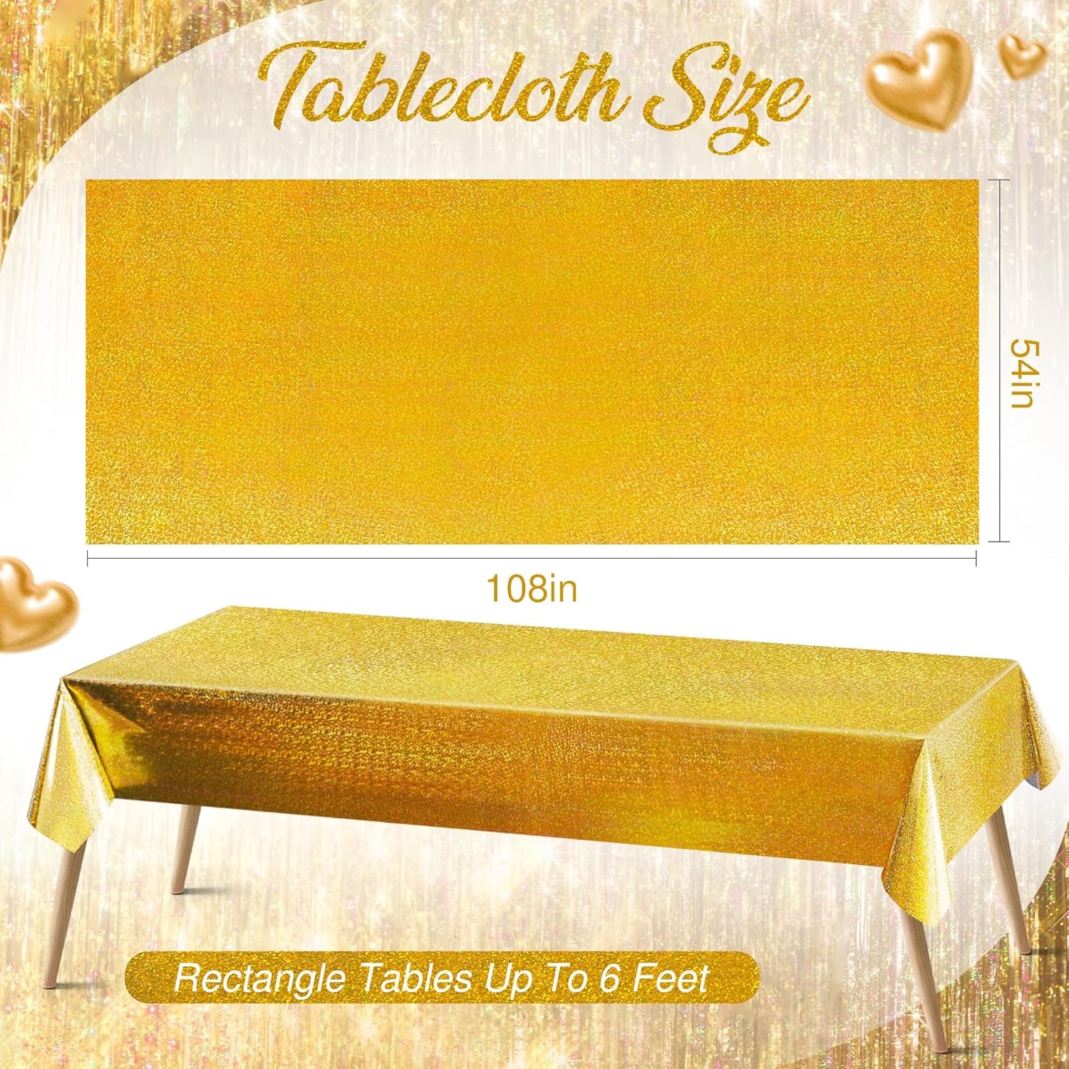 Gold Holographic Foil Tablecloths - Set of 2, 54x108 Durable Table Covers for Elegant Events, Perfect for Parties, Weddings, and Showers
