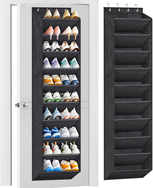 10 Tier over the Door Shoe Organizer with Large Pockets, Hanging Shoe Rack for Closet Door Storage, Fits 20 Pairs of Sneakers Boots Hanger Holder, Black