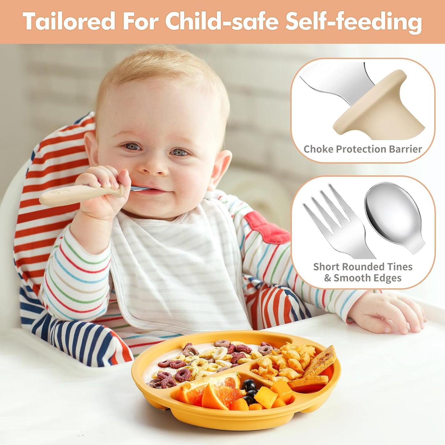 Toddler Utensils Set - 8-Piece Kids Silverware Set with Silicone Handles, Safe 18/8 Stainless Steel Forks and Spoons, Anti-Choke Design, Food Grade, Dishwasher Safe