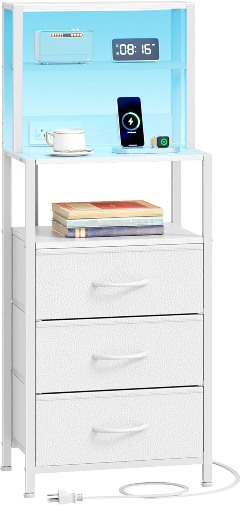Elegant Bedside Nightstand with 4-Tier Shelving, 3 Fabric Drawers, LED Lighting, and Integrated Charging Station - Versatile Tall Table for Bedroom, Hallway, or Office in White