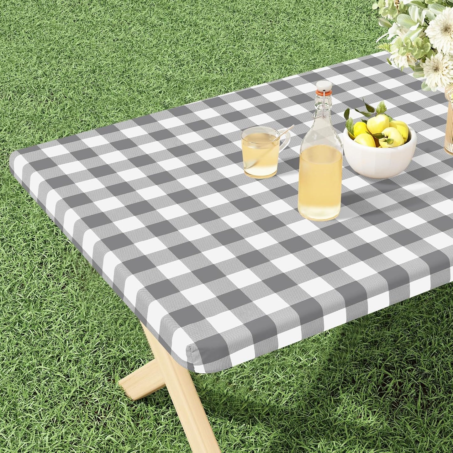 Buffalo Rectangle Picnic Tablecloth, 6 Foot Elastic Fitted Vinyl Table Cloth with Flannel Backing, Waterproof Plaid Table Covers for Dining, Camping, Outdoor (Grey and White, 30" X 72")