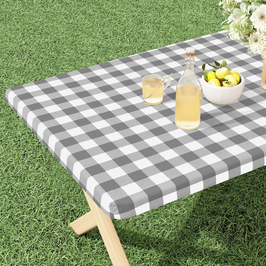 Buffalo Rectangle Picnic Tablecloth, 6 Foot Elastic Fitted Vinyl Table Cloth with Flannel Backing, Waterproof Plaid Table Covers for Dining, Camping, Outdoor (Grey and White, 30" X 72")