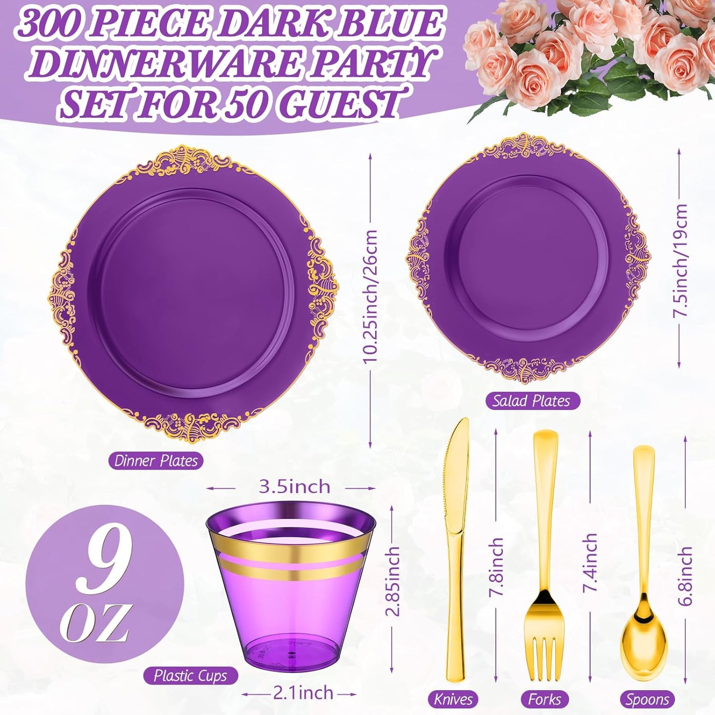 300-Piece Purple and Gold Plastic Dinnerware Set for 50 Guests - Includes Dinner Plates, Dessert Plates, Cutlery, and Cups for Weddings and Birthday Celebrations
