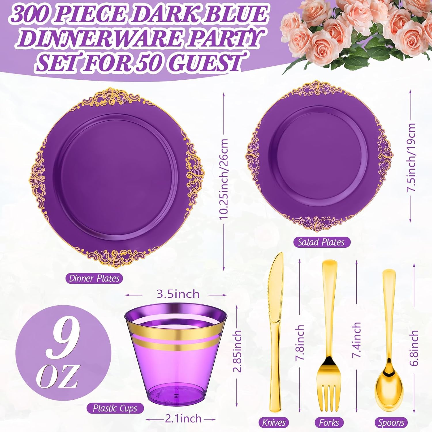 300-Piece Purple and Gold Plastic Dinnerware Set for 50 Guests - Includes Dinner Plates, Dessert Plates, Cutlery, and Cups for Weddings and Birthday Celebrations