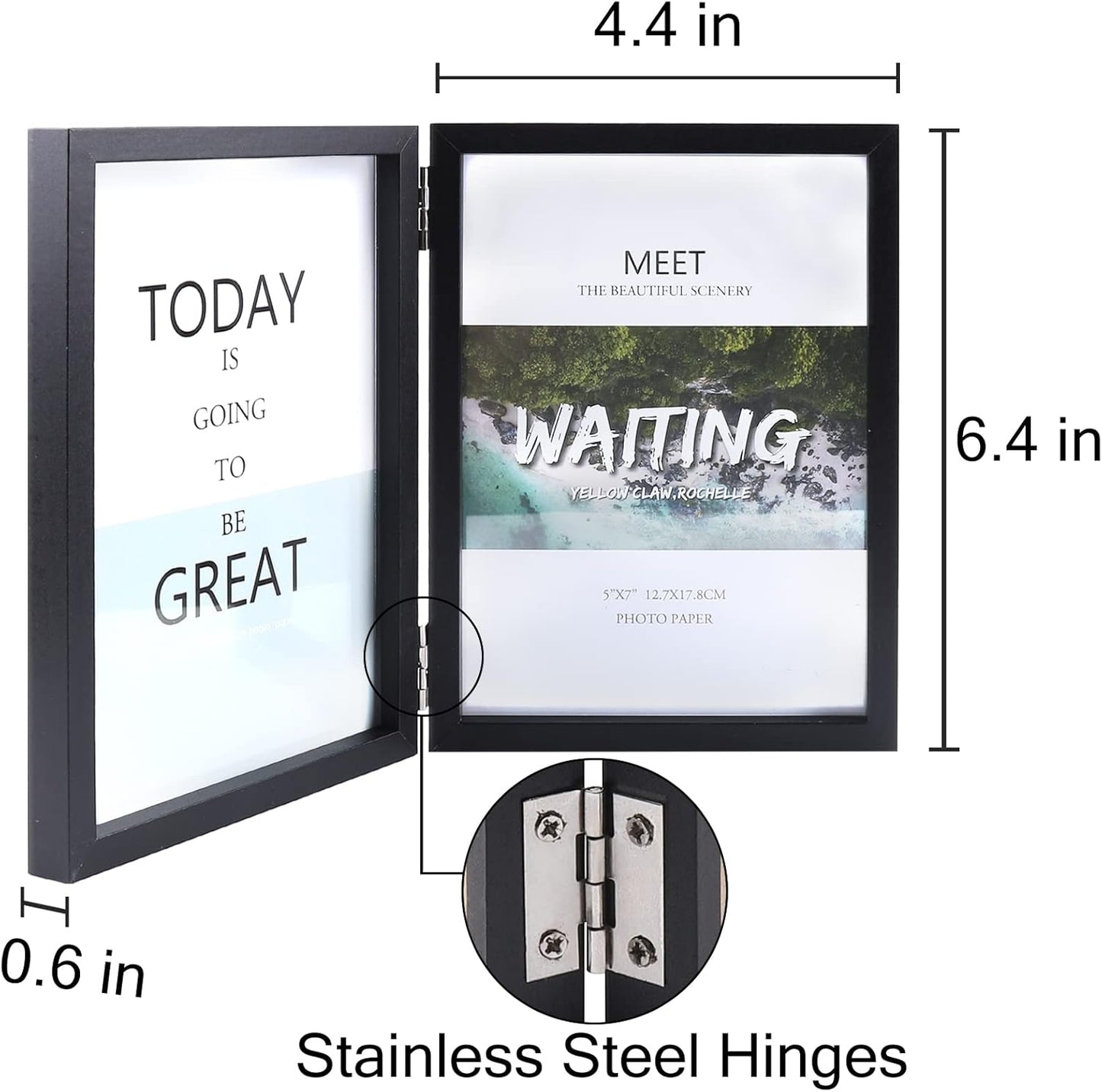 Set of Two 4x6 Double Hinged Folding Picture Frames with Glass Stand (Black)